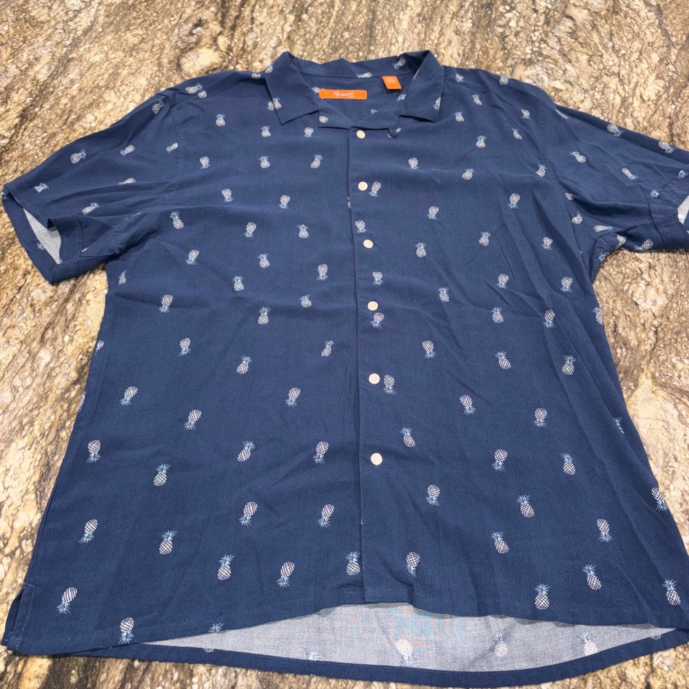 Pineapple Print Rayon Button Down Camp Shirt Mens XXL Blue Newport Isle - Picture 2 of 7